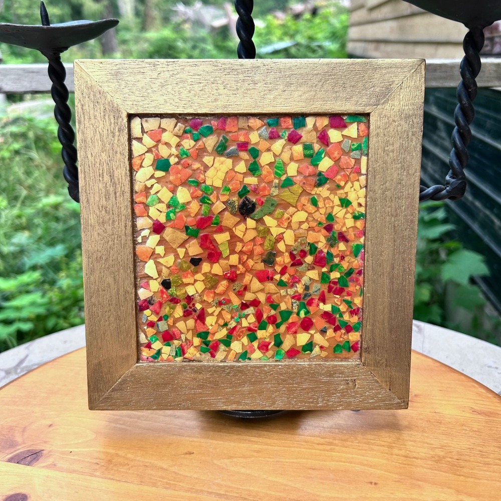 Vintage Gravel Art Trivet 8 Inch Square Gold Frame Mosaic Crushed Shell 70s MCM